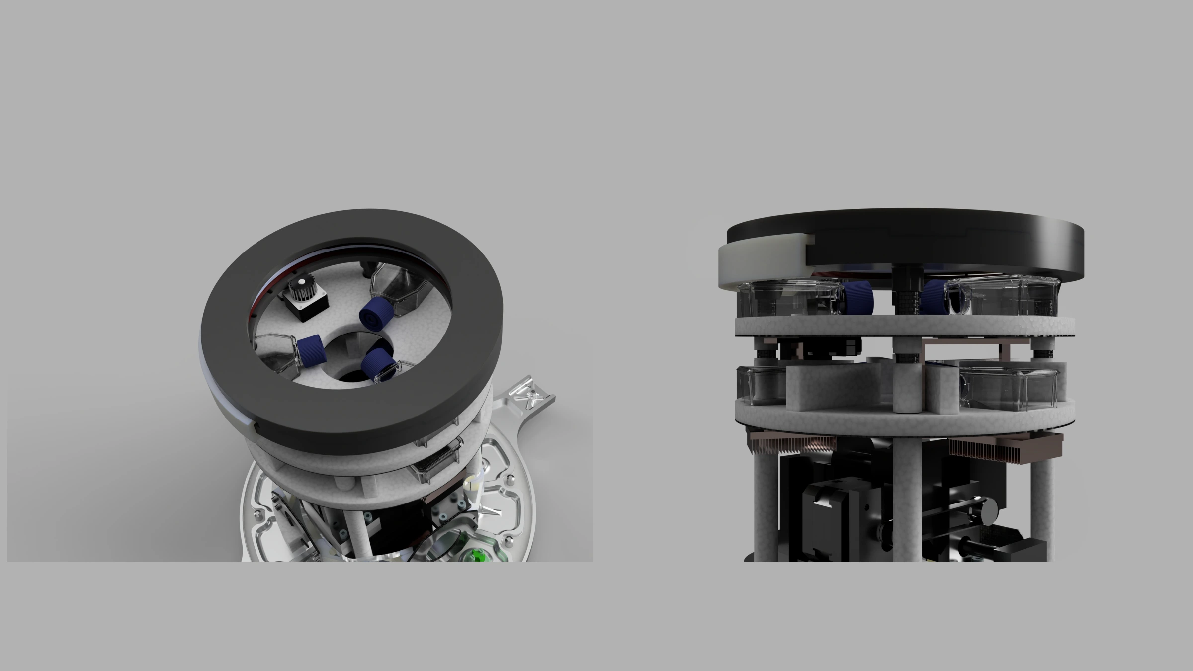 CAD views of the upper internal assembly and layered frame of the Stratospheric biological payload.