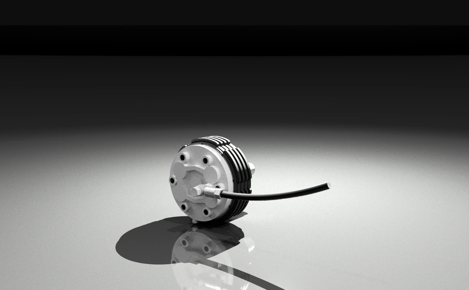 CAD render of a compact hydraulic UAV brake assembly.