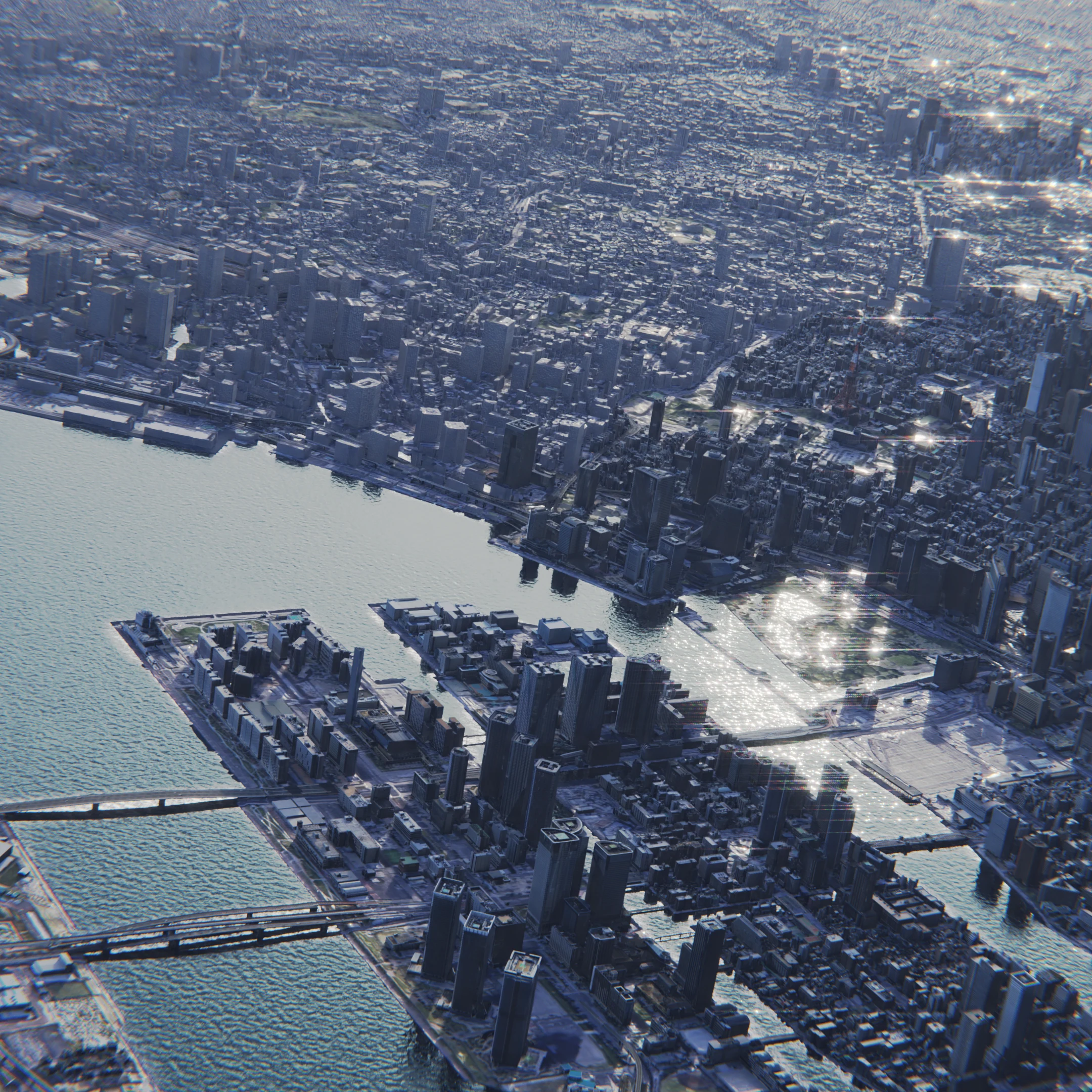 Blender-rendered views of the Tokyo waterfront and urban environment.